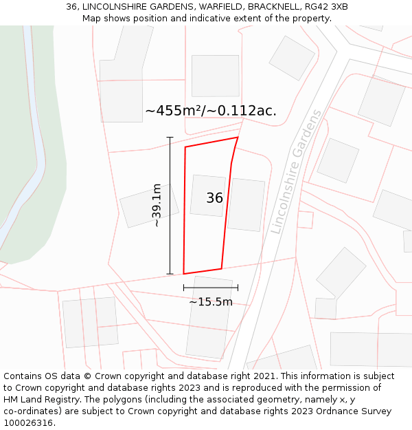 36, LINCOLNSHIRE GARDENS, WARFIELD, BRACKNELL, RG42 3XB: Plot and title map