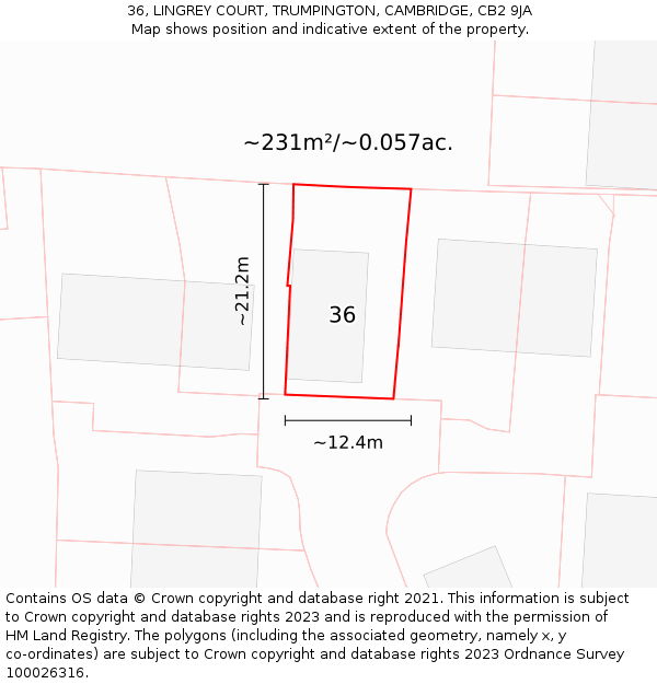 36, LINGREY COURT, TRUMPINGTON, CAMBRIDGE, CB2 9JA: Plot and title map