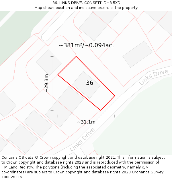 36, LINKS DRIVE, CONSETT, DH8 5XD: Plot and title map