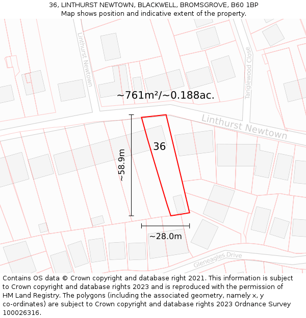 36, LINTHURST NEWTOWN, BLACKWELL, BROMSGROVE, B60 1BP: Plot and title map