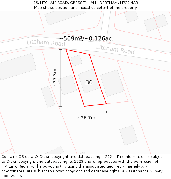 36, LITCHAM ROAD, GRESSENHALL, DEREHAM, NR20 4AR: Plot and title map