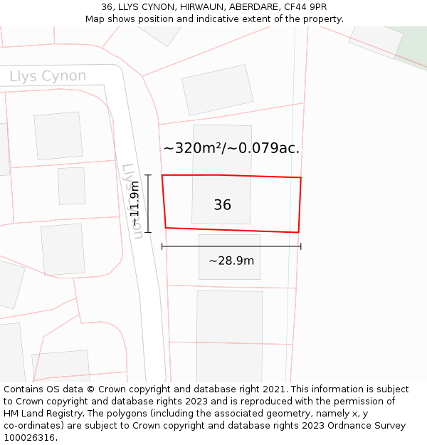 36, LLYS CYNON, HIRWAUN, ABERDARE, CF44 9PR: Plot and title map