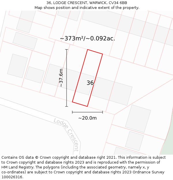 36, LODGE CRESCENT, WARWICK, CV34 6BB: Plot and title map
