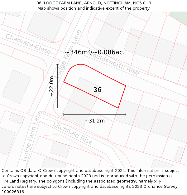 36, LODGE FARM LANE, ARNOLD, NOTTINGHAM, NG5 8HR: Plot and title map