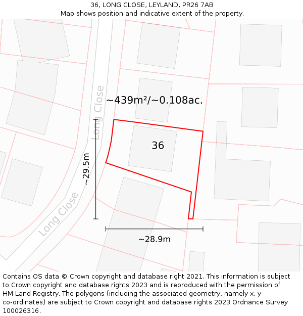 36, LONG CLOSE, LEYLAND, PR26 7AB: Plot and title map