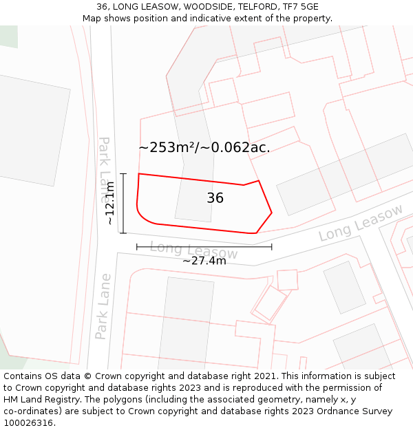 36, LONG LEASOW, WOODSIDE, TELFORD, TF7 5GE: Plot and title map