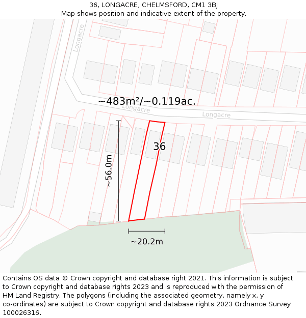 36, LONGACRE, CHELMSFORD, CM1 3BJ: Plot and title map