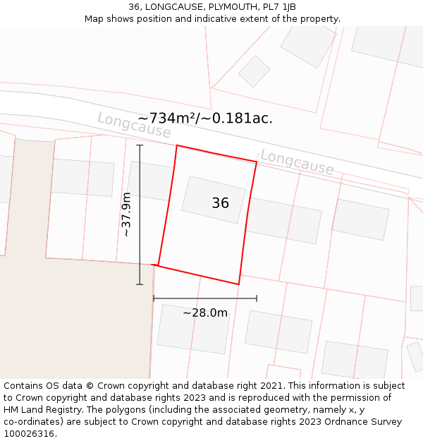 36, LONGCAUSE, PLYMOUTH, PL7 1JB: Plot and title map