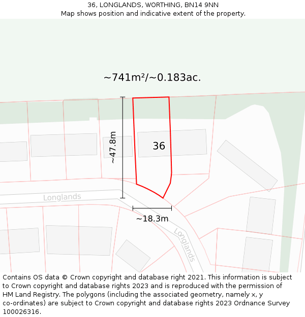 36, LONGLANDS, WORTHING, BN14 9NN: Plot and title map