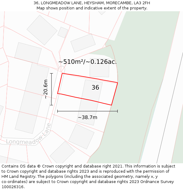 36, LONGMEADOW LANE, HEYSHAM, MORECAMBE, LA3 2FH: Plot and title map