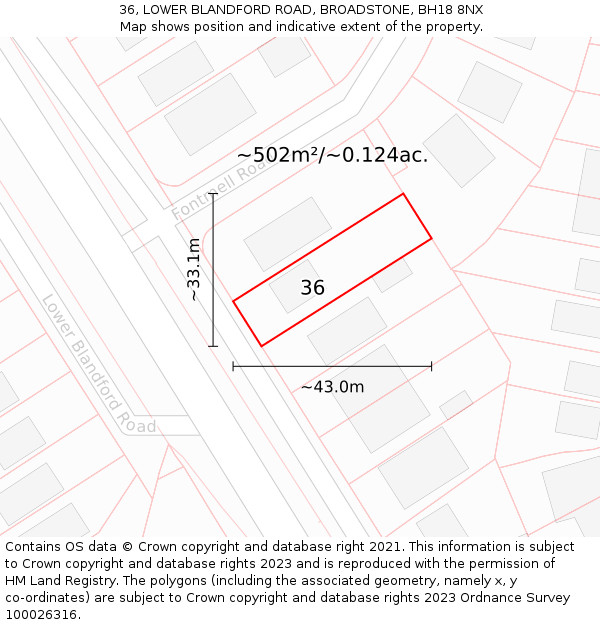 36, LOWER BLANDFORD ROAD, BROADSTONE, BH18 8NX: Plot and title map