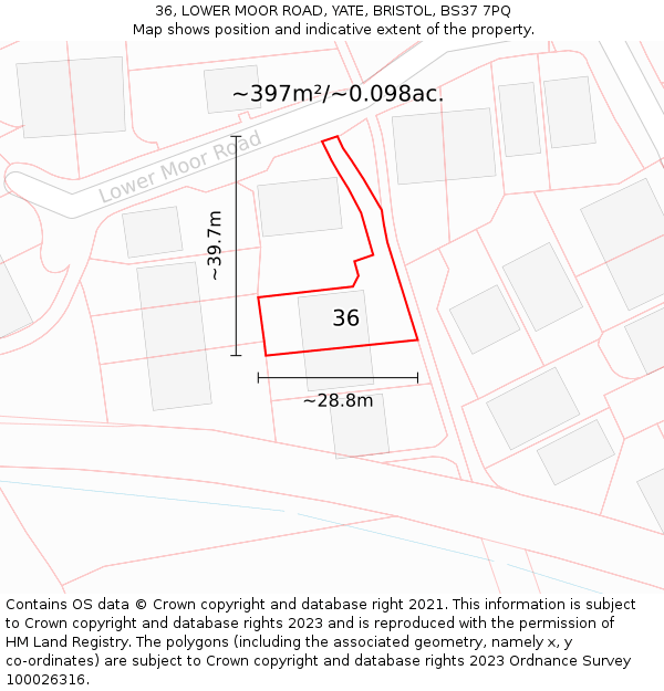 36, LOWER MOOR ROAD, YATE, BRISTOL, BS37 7PQ: Plot and title map