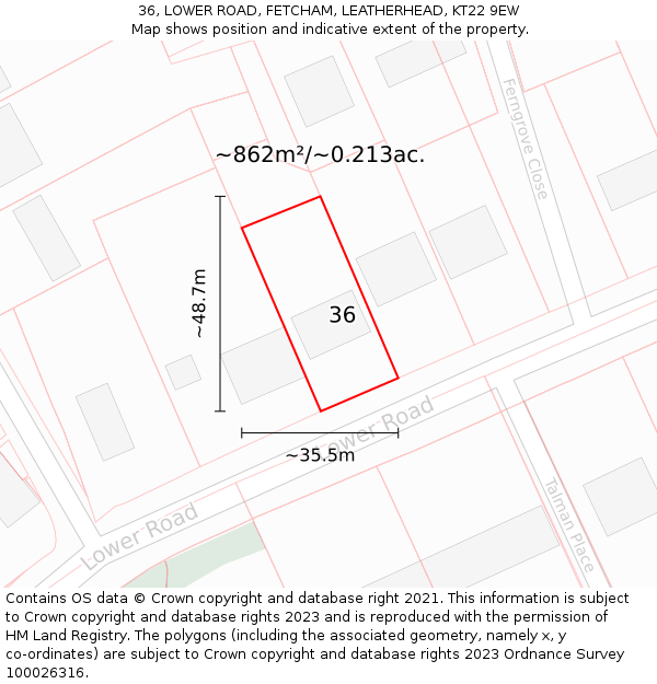 36, LOWER ROAD, FETCHAM, LEATHERHEAD, KT22 9EW: Plot and title map