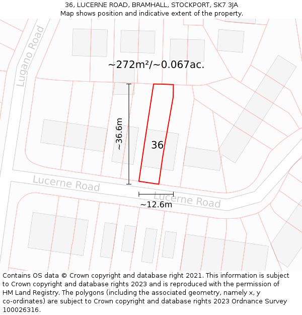 36, LUCERNE ROAD, BRAMHALL, STOCKPORT, SK7 3JA: Plot and title map