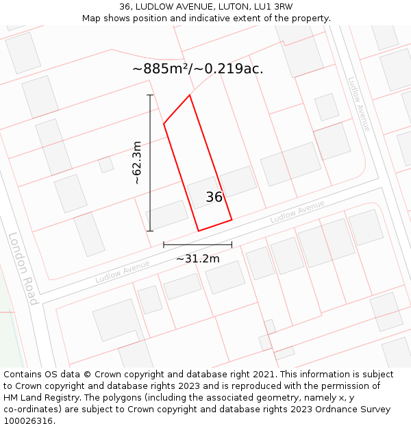 36, LUDLOW AVENUE, LUTON, LU1 3RW: Plot and title map