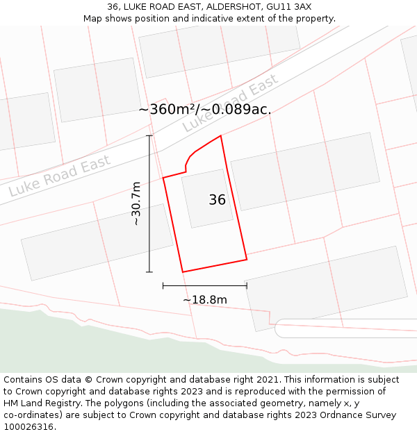 36, LUKE ROAD EAST, ALDERSHOT, GU11 3AX: Plot and title map