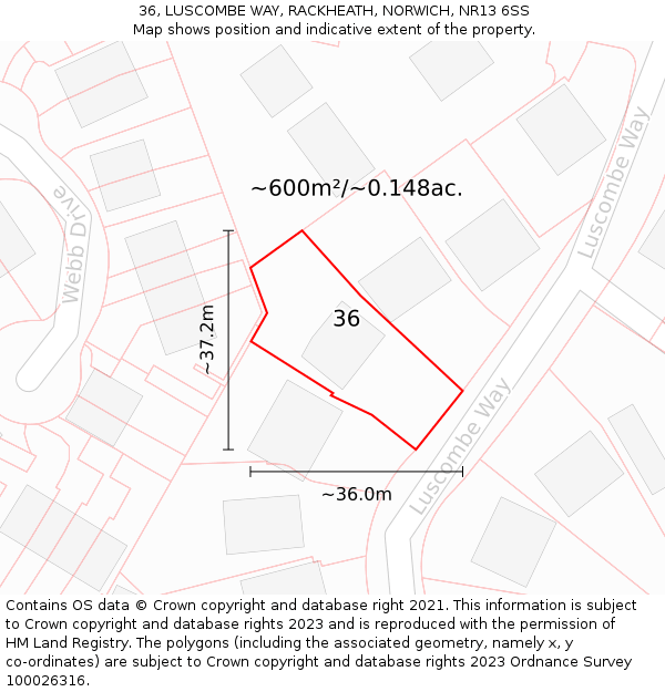 36, LUSCOMBE WAY, RACKHEATH, NORWICH, NR13 6SS: Plot and title map