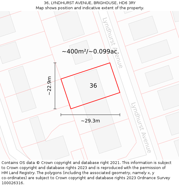 36, LYNDHURST AVENUE, BRIGHOUSE, HD6 3RY: Plot and title map