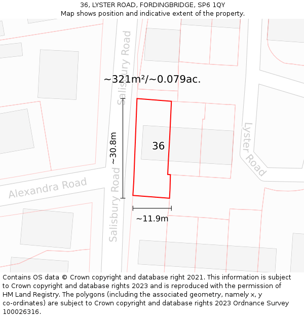 36, LYSTER ROAD, FORDINGBRIDGE, SP6 1QY: Plot and title map