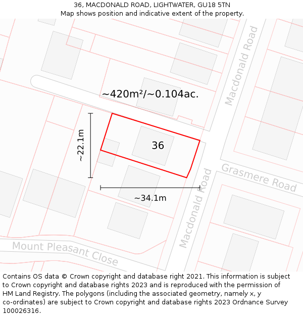 36, MACDONALD ROAD, LIGHTWATER, GU18 5TN: Plot and title map