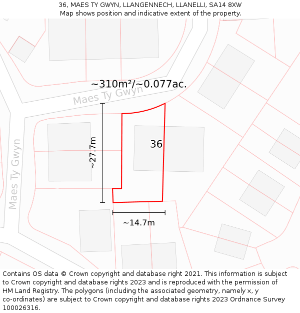 36, MAES TY GWYN, LLANGENNECH, LLANELLI, SA14 8XW: Plot and title map