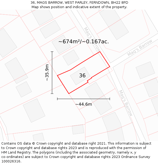 36, MAGS BARROW, WEST PARLEY, FERNDOWN, BH22 8PD: Plot and title map