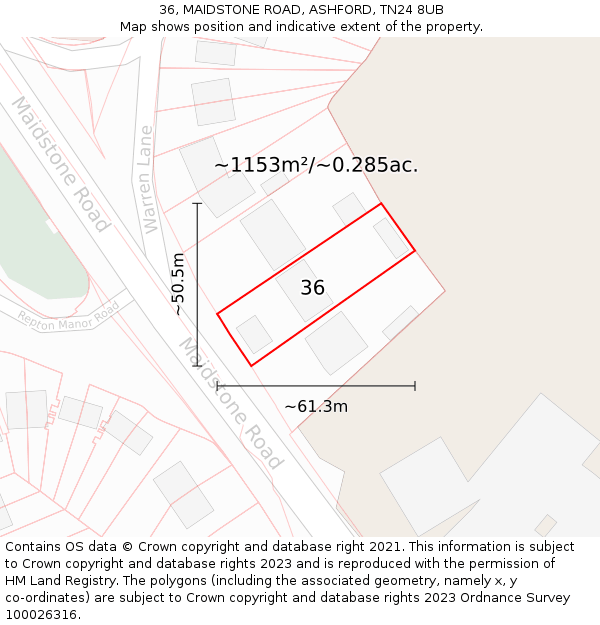 36, MAIDSTONE ROAD, ASHFORD, TN24 8UB: Plot and title map