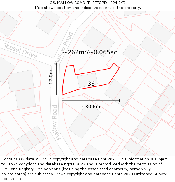 36, MALLOW ROAD, THETFORD, IP24 2YD: Plot and title map