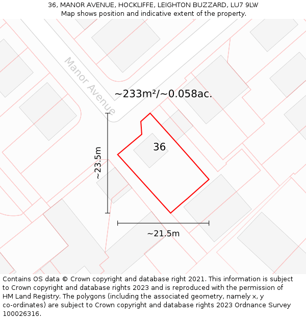 36, MANOR AVENUE, HOCKLIFFE, LEIGHTON BUZZARD, LU7 9LW: Plot and title map