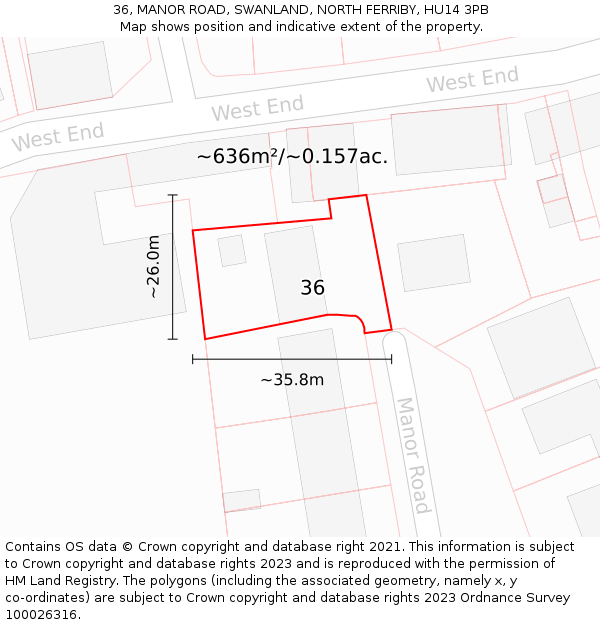 36, MANOR ROAD, SWANLAND, NORTH FERRIBY, HU14 3PB: Plot and title map