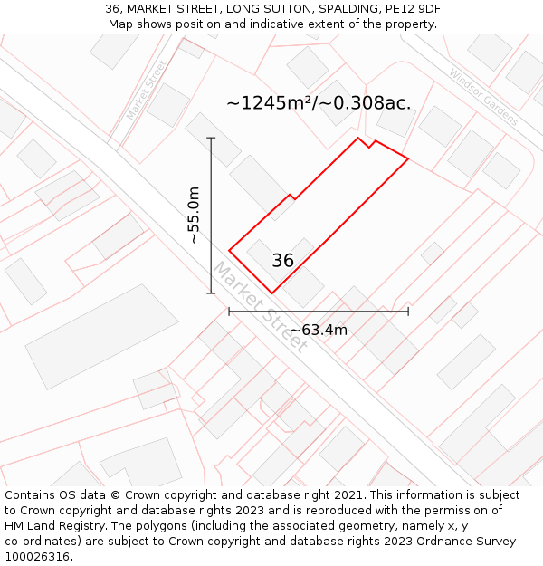 36, MARKET STREET, LONG SUTTON, SPALDING, PE12 9DF: Plot and title map