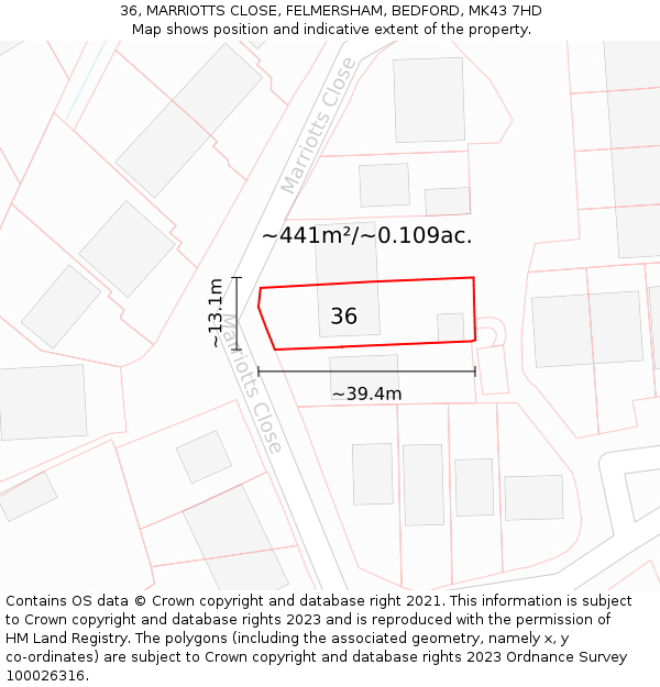 36, MARRIOTTS CLOSE, FELMERSHAM, BEDFORD, MK43 7HD: Plot and title map