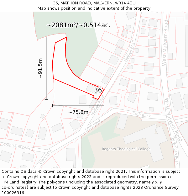 36, MATHON ROAD, MALVERN, WR14 4BU: Plot and title map