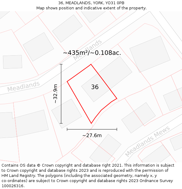 36, MEADLANDS, YORK, YO31 0PB: Plot and title map