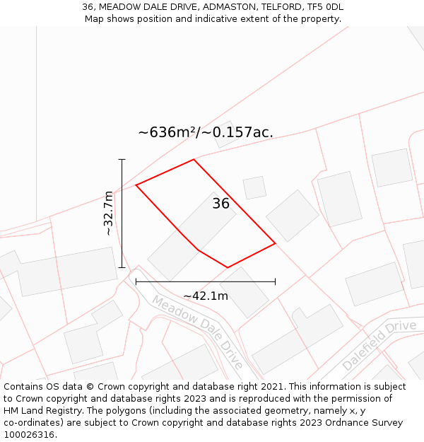 36, MEADOW DALE DRIVE, ADMASTON, TELFORD, TF5 0DL: Plot and title map