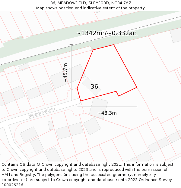 36, MEADOWFIELD, SLEAFORD, NG34 7AZ: Plot and title map