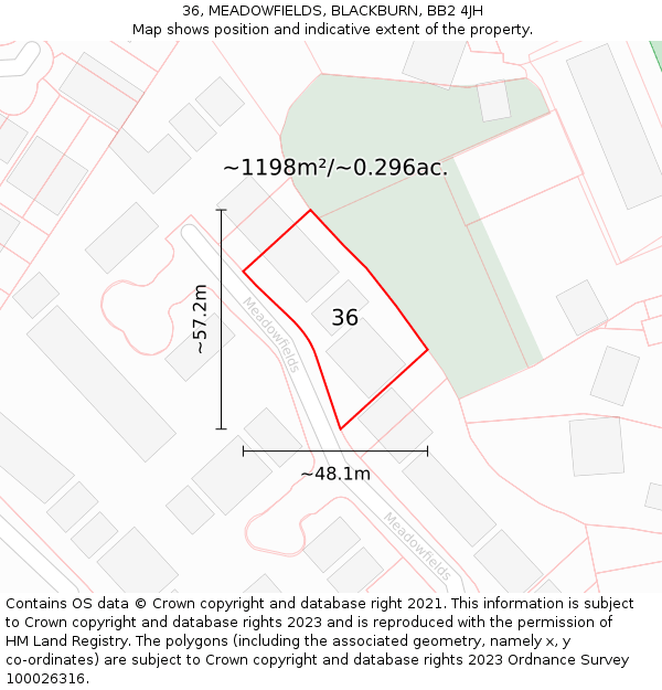 36, MEADOWFIELDS, BLACKBURN, BB2 4JH: Plot and title map