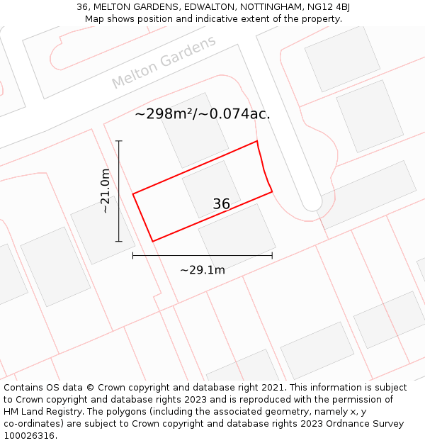 36, MELTON GARDENS, EDWALTON, NOTTINGHAM, NG12 4BJ: Plot and title map