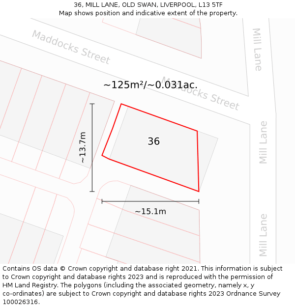 36, MILL LANE, OLD SWAN, LIVERPOOL, L13 5TF: Plot and title map