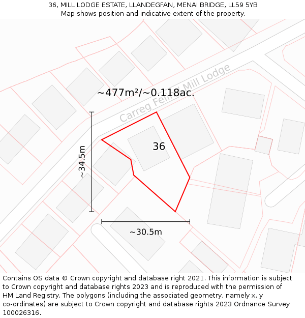 36, MILL LODGE ESTATE, LLANDEGFAN, MENAI BRIDGE, LL59 5YB: Plot and title map