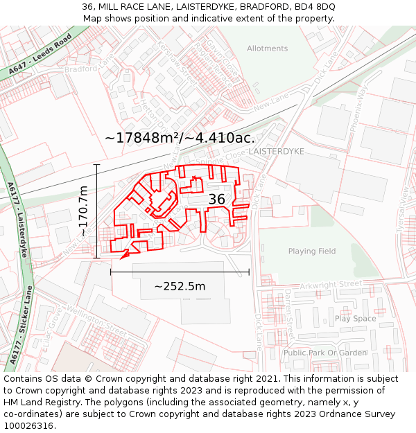 36, MILL RACE LANE, LAISTERDYKE, BRADFORD, BD4 8DQ: Plot and title map