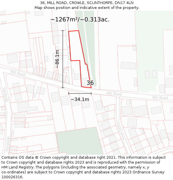 36, MILL ROAD, CROWLE, SCUNTHORPE, DN17 4LN: Plot and title map