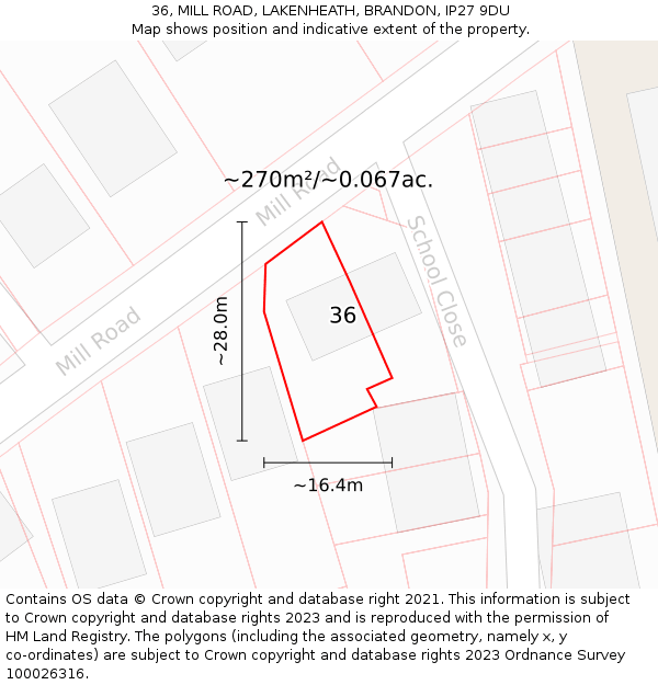 36, MILL ROAD, LAKENHEATH, BRANDON, IP27 9DU: Plot and title map