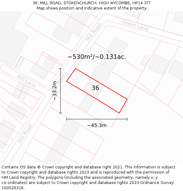 36, MILL ROAD, STOKENCHURCH, HIGH WYCOMBE, HP14 3TT: Plot and title map