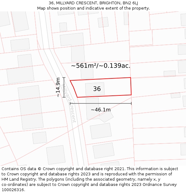 36, MILLYARD CRESCENT, BRIGHTON, BN2 6LJ: Plot and title map