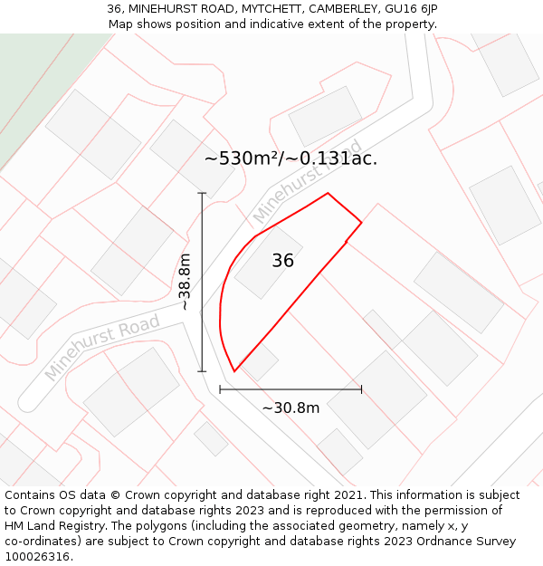 36, MINEHURST ROAD, MYTCHETT, CAMBERLEY, GU16 6JP: Plot and title map