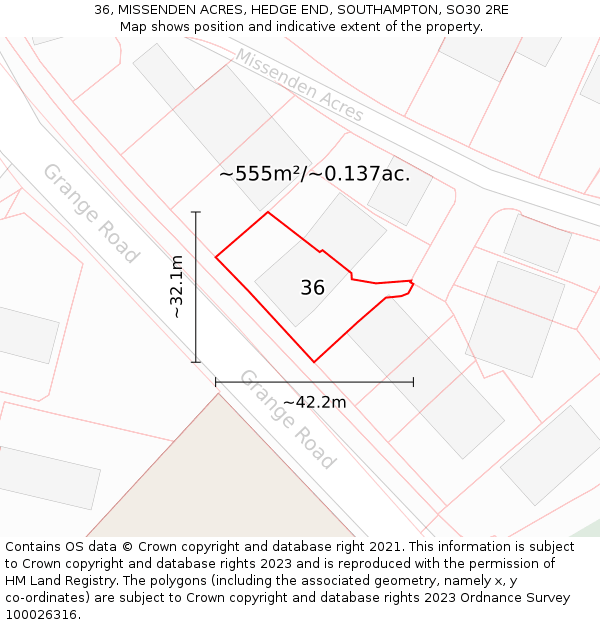 36, MISSENDEN ACRES, HEDGE END, SOUTHAMPTON, SO30 2RE: Plot and title map