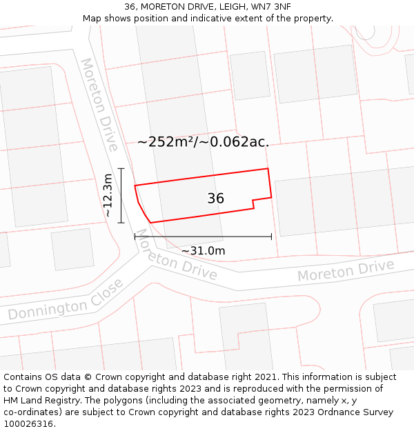 36, MORETON DRIVE, LEIGH, WN7 3NF: Plot and title map