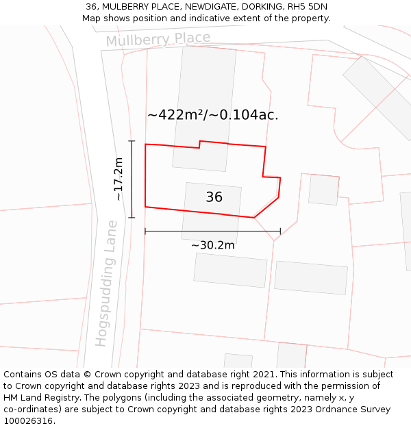 36, MULBERRY PLACE, NEWDIGATE, DORKING, RH5 5DN: Plot and title map