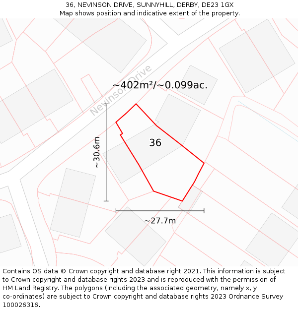 36, NEVINSON DRIVE, SUNNYHILL, DERBY, DE23 1GX: Plot and title map